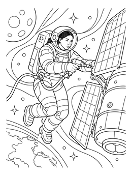 An astronaut coloring page showing a spacewalker repairing a satellite solar panel above Earth.