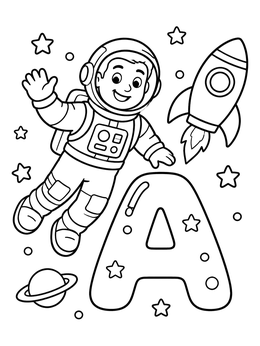 A cheerful astronaut and rocket float in outer space on this letter a coloring page.