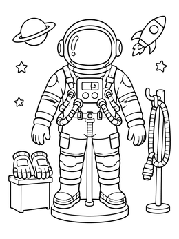 An astronaut coloring page showing a detailed spacesuit on a display stand with gear and space icons.