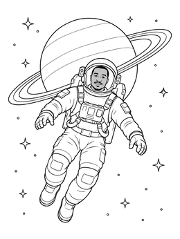 An astronaut floats in space on this uranus coloring page with the ringed planet behind.