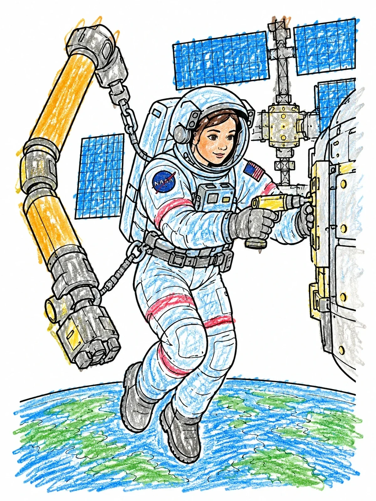 Colored example of the Astronaut Repairing Space Station coloring page