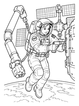 Detailed astronaut coloring page showing a spacewalk repair above Earth.