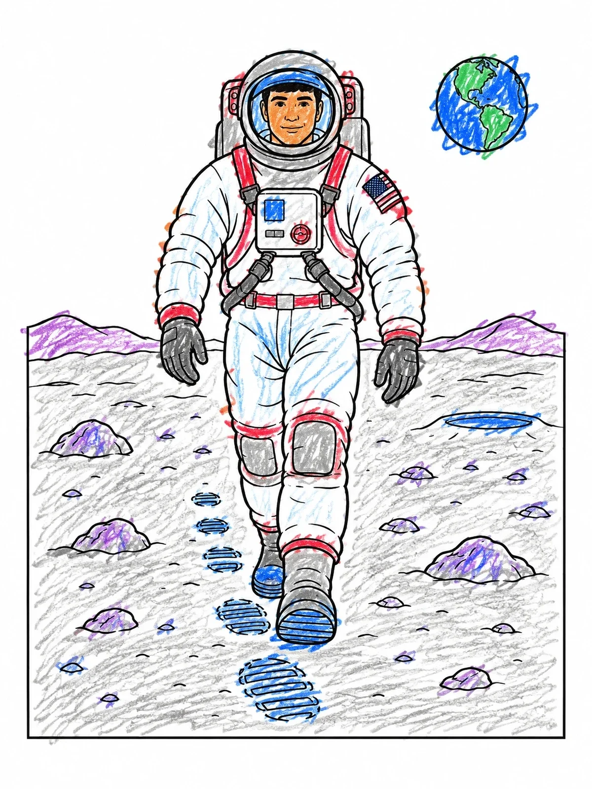 Colored example of the Astronaut Walking On The Moon Surface coloring page