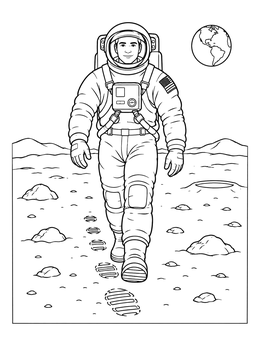 An astronaut coloring page showing a space explorer leaving footprints on lunar soil.