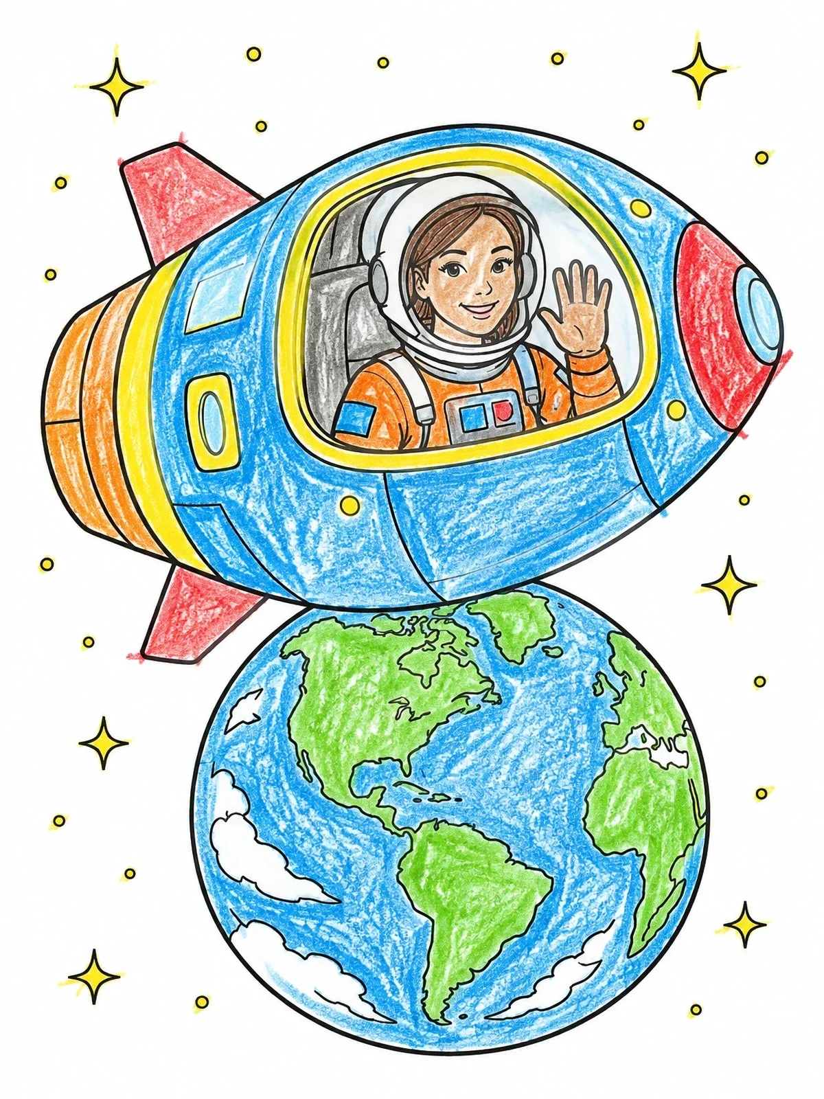 Colored example of the Astronaut Waving From Orbiting Spaceship coloring page