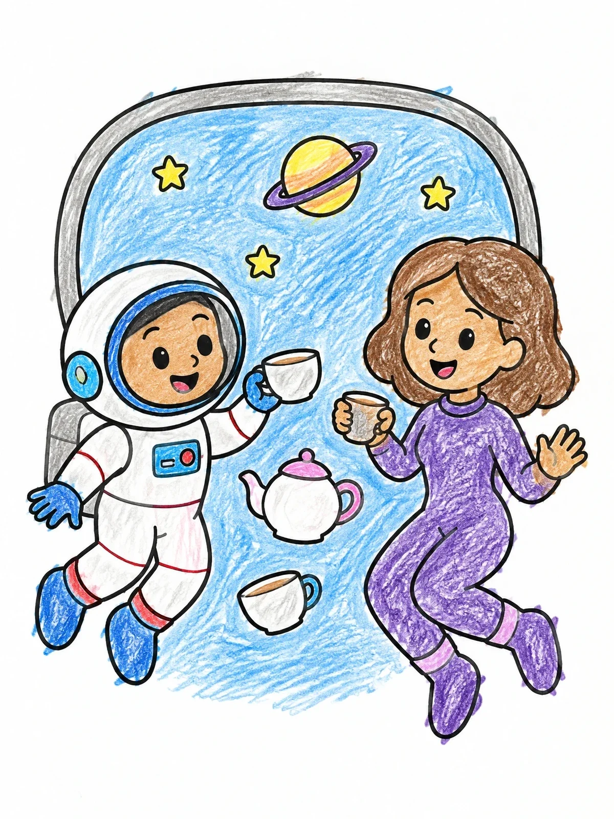 Colored example of the Astronaut Tea Party In Zero Gravity coloring page