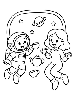 An astronaut coloring page of two space travelers enjoying a floating zero-gravity tea party.