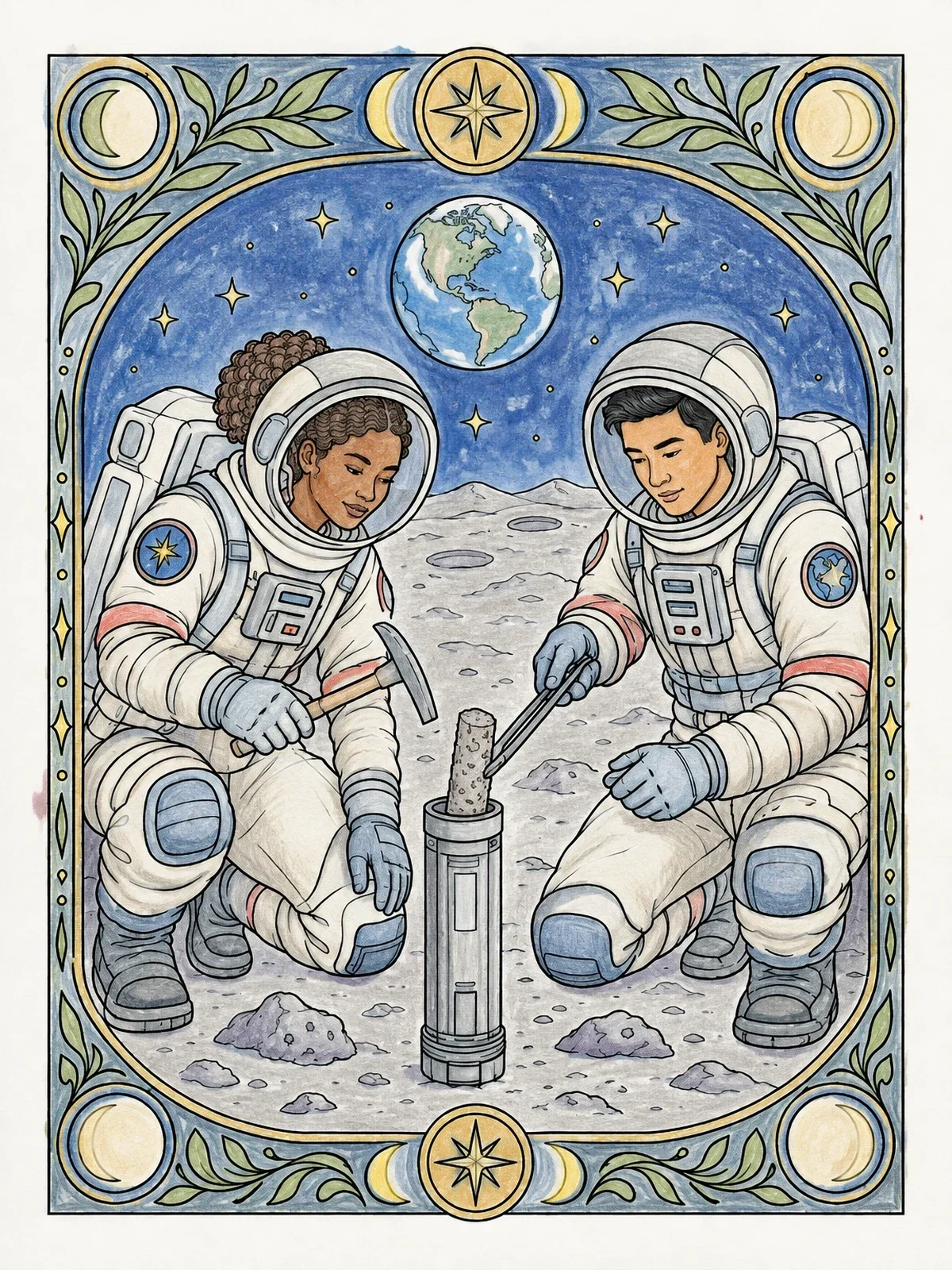 Colored example of the Astronauts Collecting Lunar Soil Samples coloring page