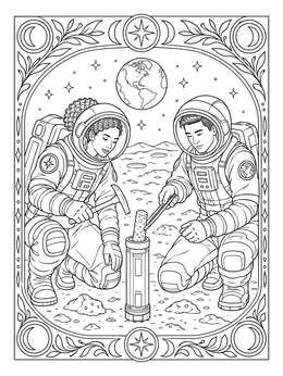 Detailed astronaut coloring page showing two scientists collecting rock samples on the moon.