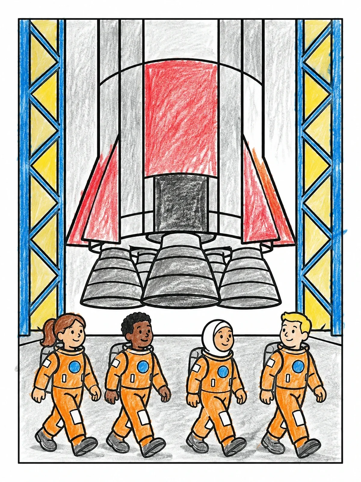 Colored example of the Astronauts Walking By Massive Rocket coloring page