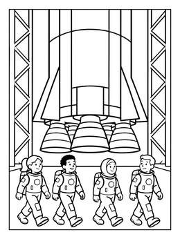 Free printable Astronauts Walking By Massive Rocket coloring page