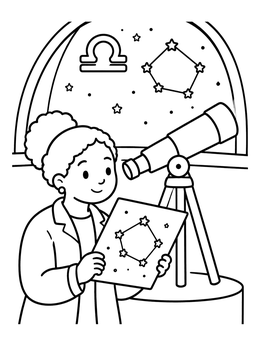 Free printable Astronomer Studying Libra Constellation coloring page