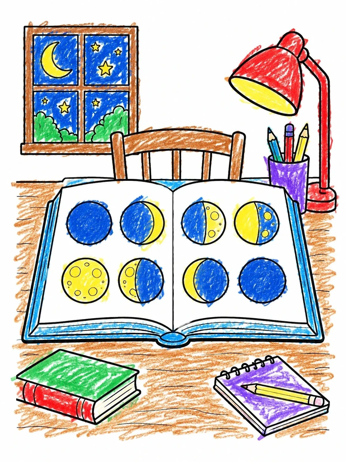 Colored example of the Astronomy Book With Moon Phases coloring page