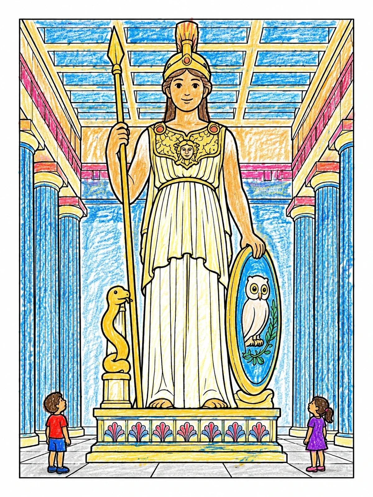 Colored example of the Athena Parthenos Inside The Temple coloring page