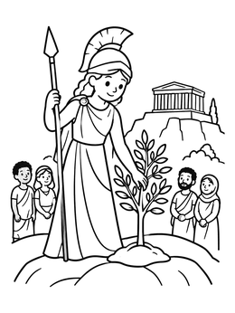 Free printable Athena Planting The Olive Tree coloring page