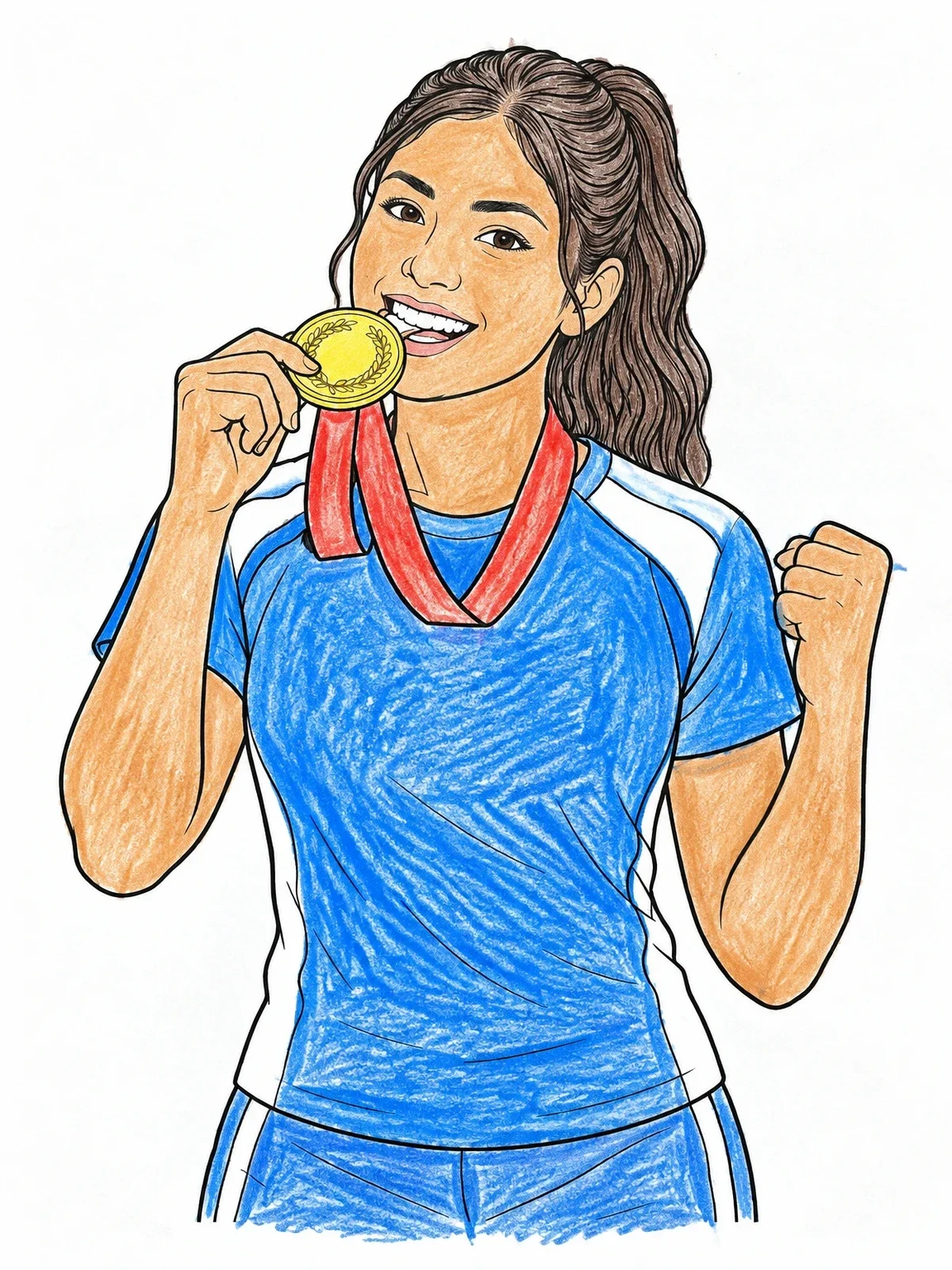 Colored example of the Champion Biting Her Gold Medal coloring page