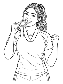 A joyful athlete coloring page showing a female winner biting her sports medal with a raised fist.