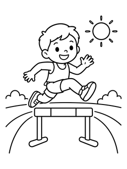 A cheerful boy jumps over a hurdle in this fun athlete coloring page under the bright sun.