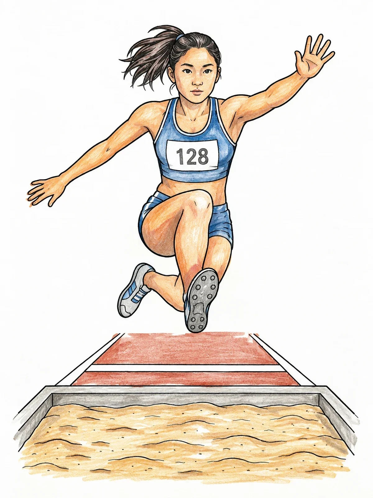 Colored example of the Female Long Jumper In Mid Air coloring page