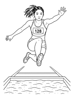 An athlete coloring page featuring a female long jumper soaring above the landing pit.