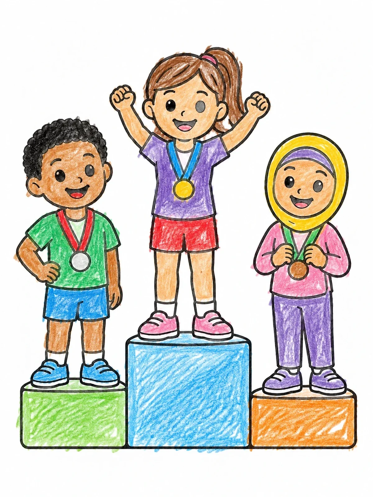 Colored example of the Happy Kids On The Winner Podium coloring page