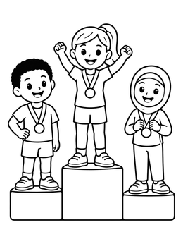 A cheerful athlete coloring page showing three kids holding medals on a victory podium.