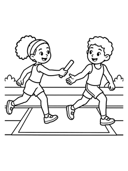 Two young runners pass a baton in this cheerful athlete coloring page.