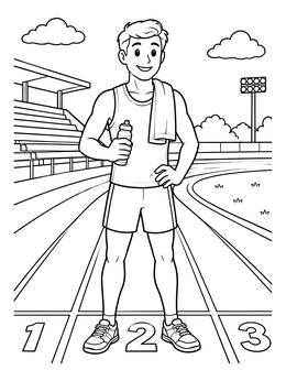 A smiling runner stands on a running track in this athlete coloring page.