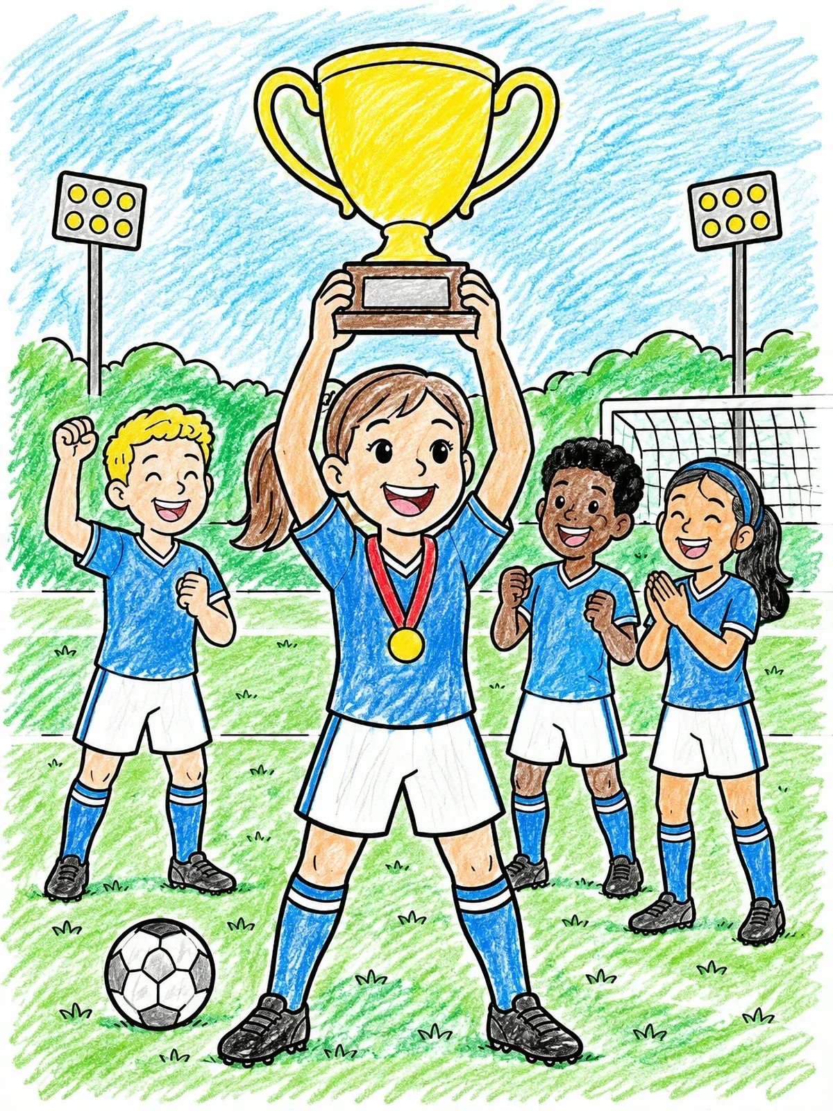 Colored example of the Soccer Champion Lifting Golden Trophy coloring page