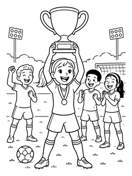 A happy athlete coloring page showing a soccer player holding a big trophy with teammates cheering.