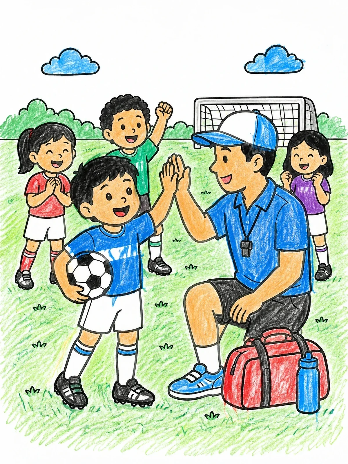 Colored example of the Soccer Player High Fiving Coach coloring page