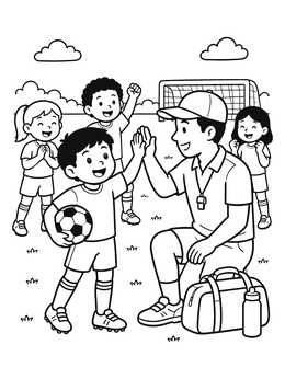 A young soccer player high-fives his coach in this athlete coloring page.