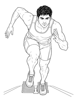A focused male sprinter in this athlete coloring page bursts forward from starting blocks.