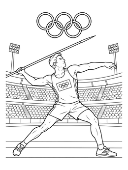 An athlete coloring page showing a javelin thrower competing in a packed stadium.