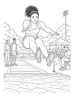 A female long jumper mid-air above the sand pit in this athlete coloring page.