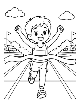 Happy runner crossing the finish line on this athlete coloring page.