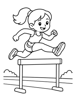 A cheerful girl jumps in this athlete coloring page over a track hurdle.
