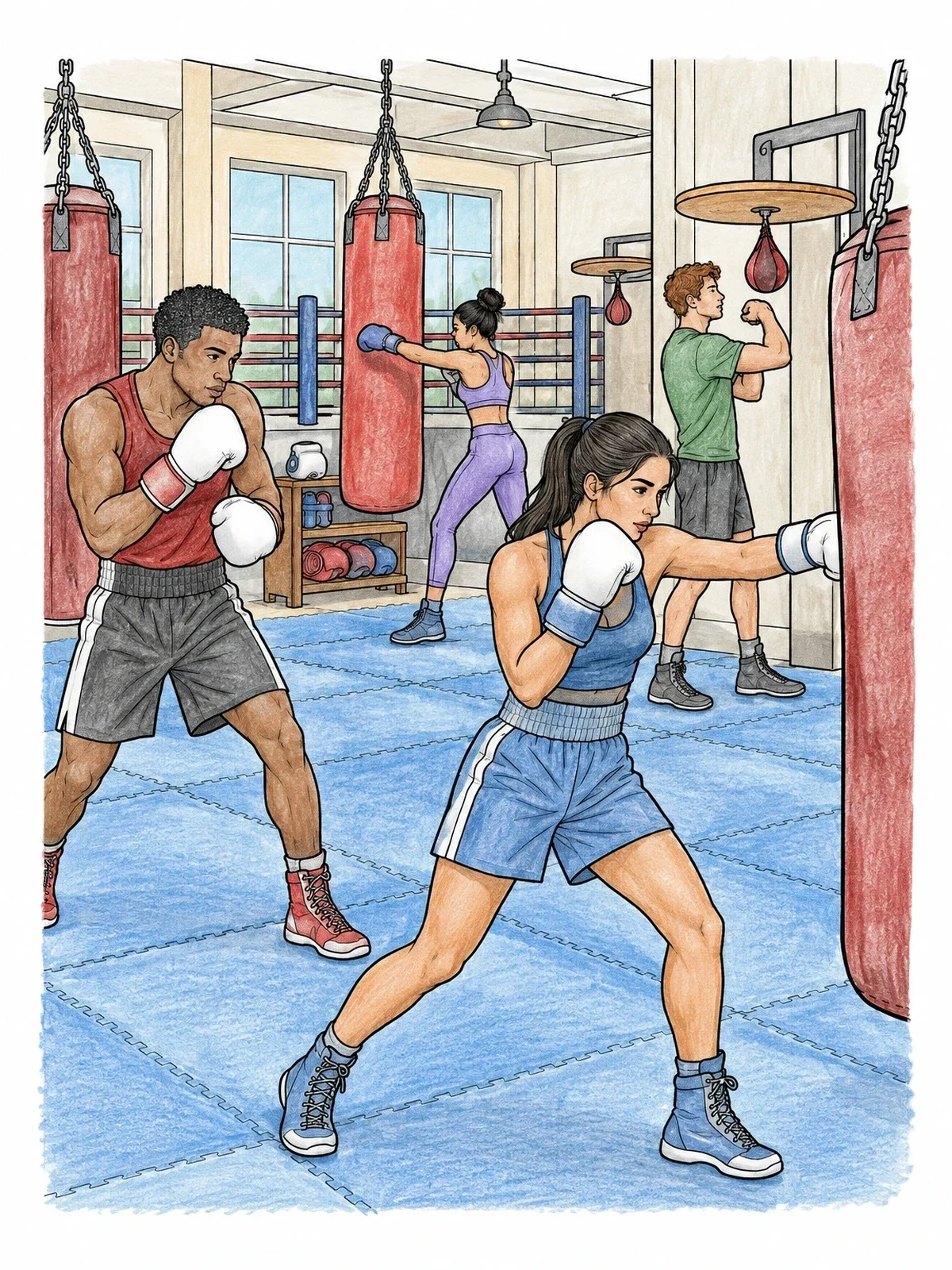 Colored example of the Athletes Training In Boxing Gym coloring page