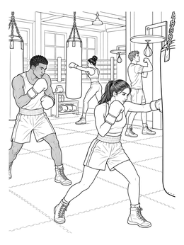 Athletes practice punches on heavy bags in this boxing coloring page.