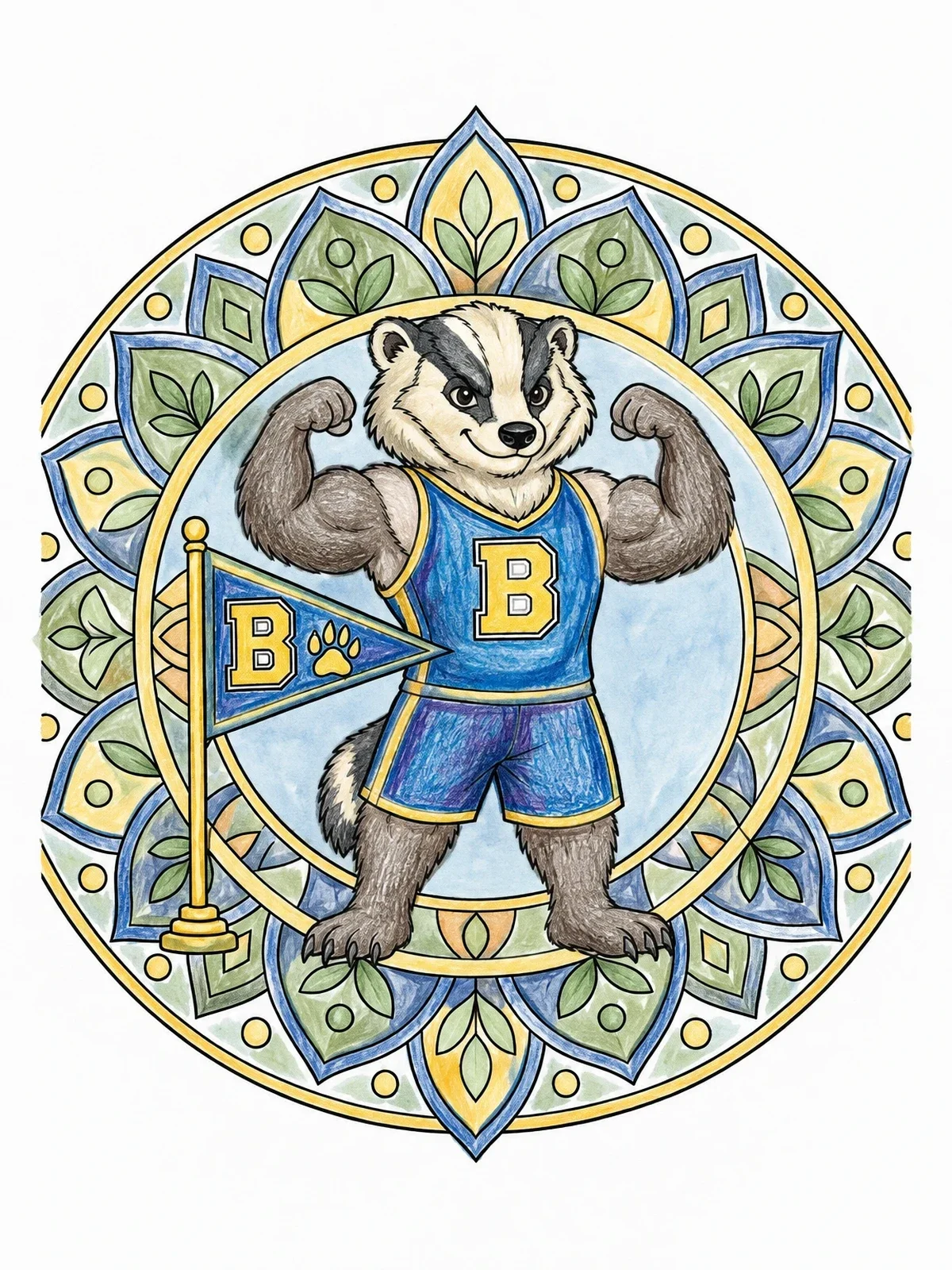 Colored example of the Athletic Badger Mascot With Pennant coloring page