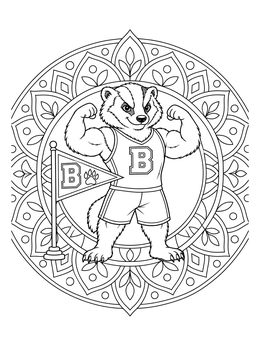 A strong badger mascot flexes beside a team pennant on this badger coloring page.