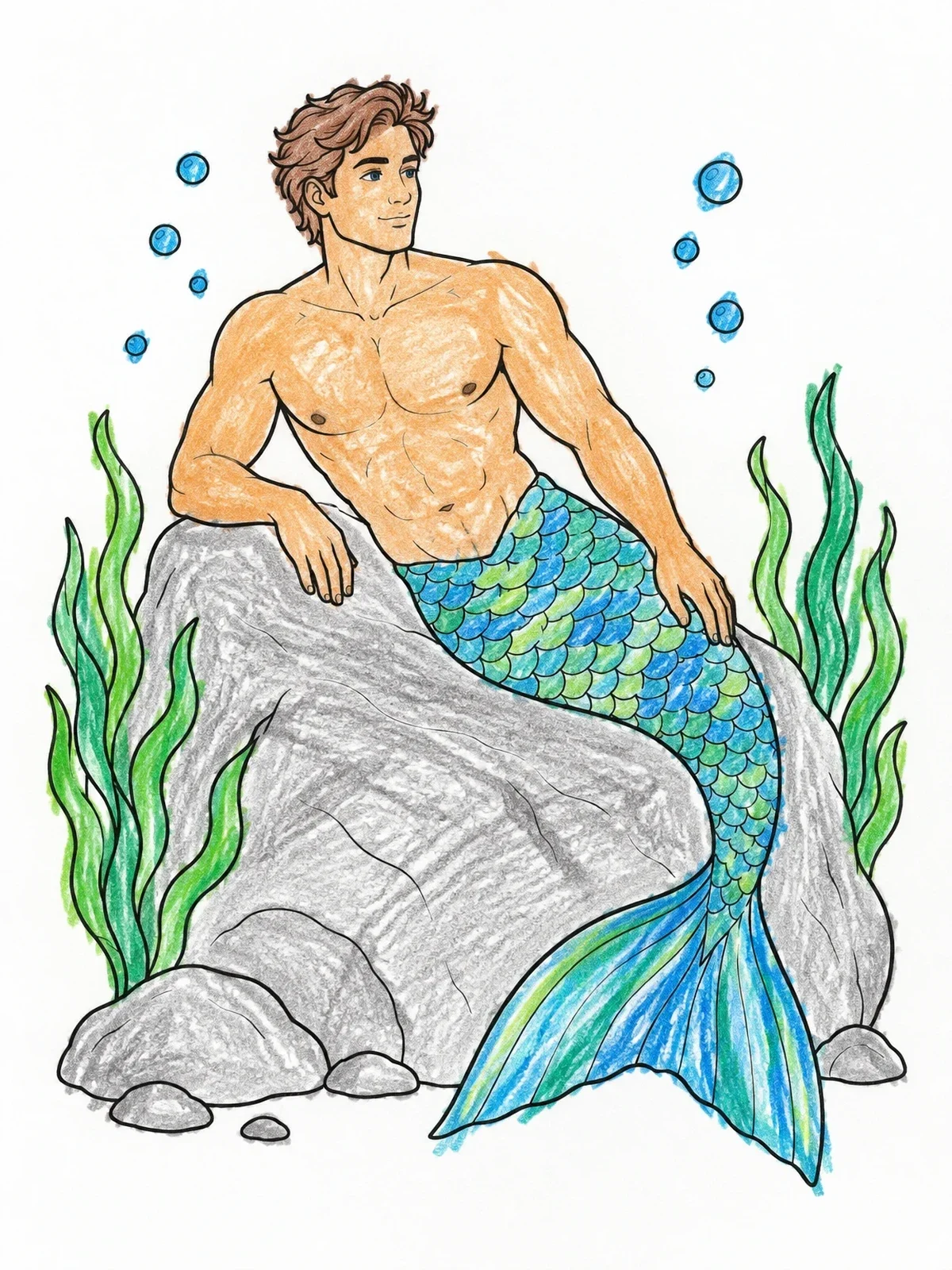 Colored example of the Athletic Merman Resting On Ocean Rock coloring page