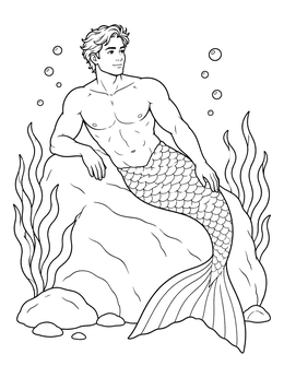 An athletic merman coloring page featuring him resting on an underwater rock surrounded by seaweed.