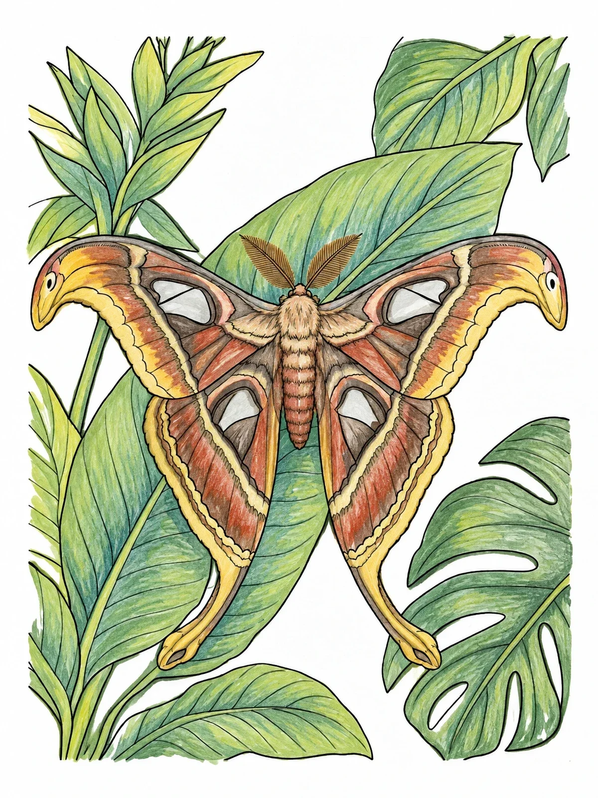 Colored example of the Atlas Moth On Tropical Leaves coloring page