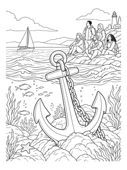 An attributes of god coloring page featuring a large underwater anchor with people watching the sea above.