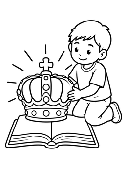 Free printable Boy Kneeling By Crown And Bible coloring page