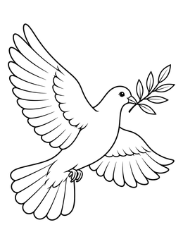 A flying dove carrying an olive branch in its beak on this attributes of god coloring page.