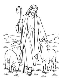 A gentle shepherd walks with lambs in this attributes of god coloring page.