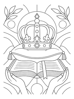 An attributes of god coloring page featuring a royal crown on a pillow above an open holy book held by hands.