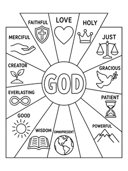 An attributes of god coloring page featuring a central wheel with biblical traits and symbols.